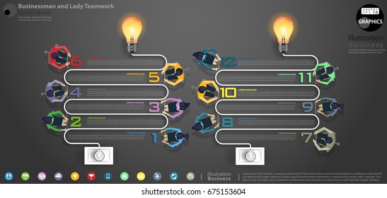 Businessman and Lady Teamwork Brainstorm  Light bulbs - modern Idea and Concept Vector illustration Business Infographic template with Number 7-12 , Plug,icon.