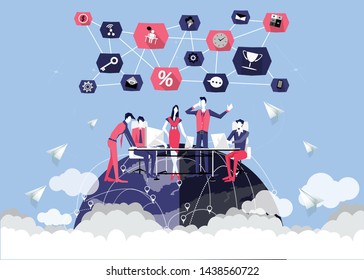 Businessman and  Lady  teamwork  with icon, earth,cloud, paper  rocket fold - creativity modern Idea and concept.