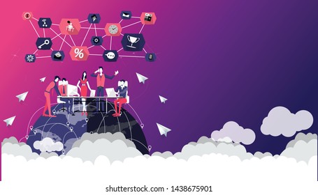 Businessman and  Lady  teamwork  with icon, earth,cloud, paper  rocket fold - creativity modern Idea and concept.