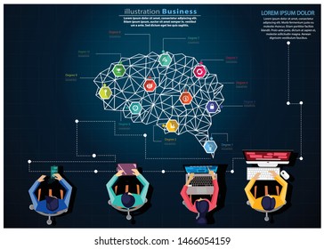 Businessman and Lady,Contact communicate,Cellphone,Tablet,Laptop,Computer,with Brain Polygon  Shape and icon - creativity modern design Idea  Concept   illustration Business  Infographic template.