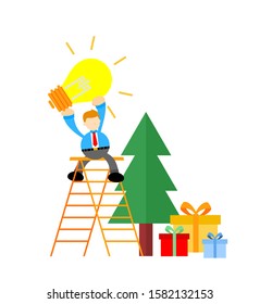 businessman and lamp idea christmas pine tree cartoon doodle flat design style vector illustration