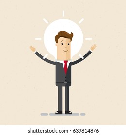 Businessman with lamp-head,  idea bulb. Vector, illustration, flat