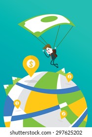 Businessman landing to the big money pin with banknote parachute. flat character design. vector illustration
