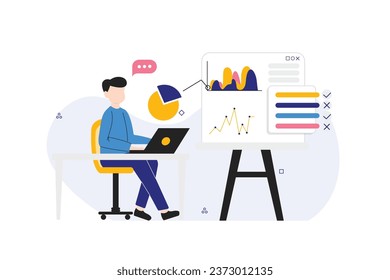 Empresario con un gráfico de datos para el análisis de portátiles que sirve de base a las estadísticas de seguimiento de informes financieros, crecimiento del marketing en línea y la ilustración del concepto de negocio de inversiones