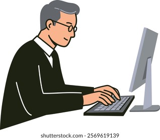 A businessman with a laptop and coffee on a transparent background.