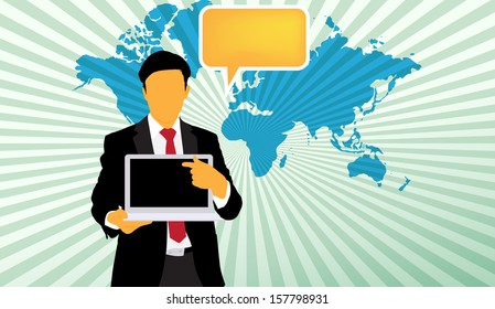 Empresario con ordenador portátil. Vector