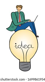 Empresario con ilustración vectorial de ordenador portátil, sentado sobre la idea de la bombilla brillante. Bordes negros y colores.