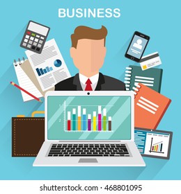 Businessman with laptop and documents. Business info graphics template background in flat design. Concept for web design, flyers and presentations.