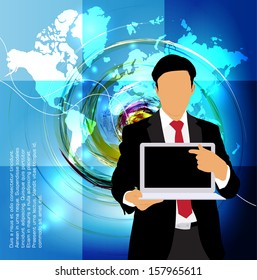 Businessman with laptop. Editable vector