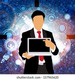 Businessman with laptop. Editable vector