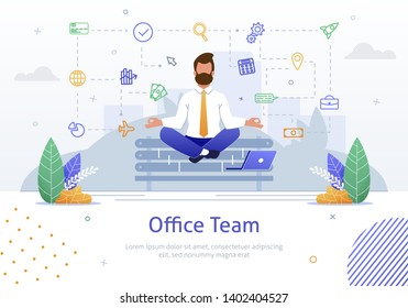 Businessman with Laptop in Formal Clothing Doing Yoga Trying to Keep Calm and to Concentrate on Work Banner Vector Illustration. Male Character in Spiritual Zen Balance or Lotos Position on bench.