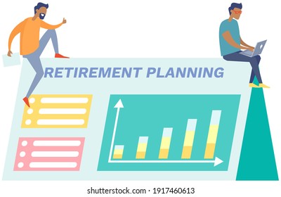 Businessman with laptop giving presentation of retirement plan with growing rates. Pension savings and planning concept illustration with men, financial and accounting consultants for pensioners