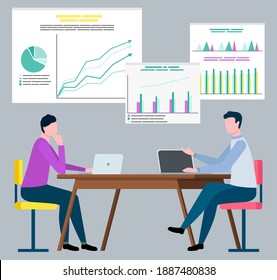 Businessman at laptop and graphics, brokers company vector. Investment rate and stock exchenge statistical data, business and finance, consulting