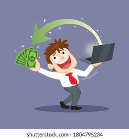 Businessman With Laptop Hands Raised Money, illustration vector cartoon