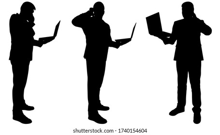 Businessman with a laptop in hands talking on the phone. Man with a wireless computer is talking on a smartphone. Teamwork. Office workers. Three black male silhouettes isolated on a white background.