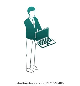 Businessman with laptop isometric blue lines