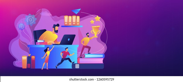Businessman at laptop and leader runs up on books with trophy and his team. Business leadership, managing skills, leadership training plan concept. Header or footer banner template with copy space.