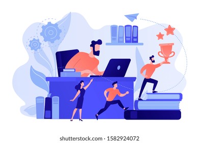 Businessman at laptop and leader runs up on books with trophy and his team. Business leadership, managing skills, leadership training plan concept. Pinkish coral bluevector isolated illustration