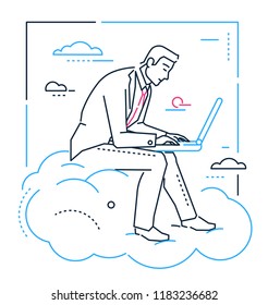Businessman with a laptop - line design style illustration on white background. Young smart man sitting on a cloud working with a computer trying to achieve his goals, make dreams come true