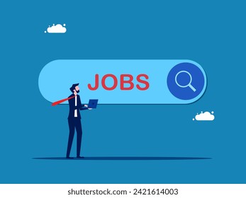 Businessman with laptop looking for work in vector bar 