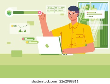 Businessman with laptop in office setting business and security strategy with floating graphic and chart screen