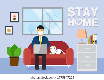 businessman with laptop on the chair. stay at home, Freelance or studying concept. Cute illustration in flat style. vector