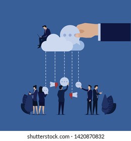 Businessman with laptop on cloud spread news for referral link. Illustration For Wallpaper, Banner, Background, Book Illustration, And Web Landing Page.