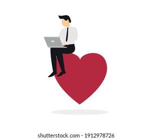 Empresario con portátil en el corazón rojo. Ilustración vectorial plana moderna del corazón.
