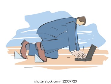 Businessman with the laptop on the start.