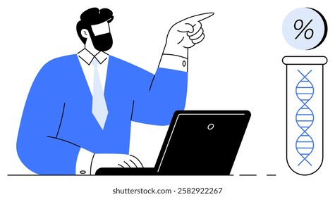 Businessman at laptop pointing to DNA strand in test tube and percentage symbol. Ideal for science research, data analysis, innovation projects, biotech industry, academic presentations, lab work