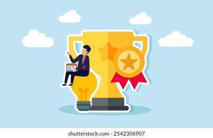 A businessman with a laptop sits on a lamp next to trophies and awards, illustration of applying relevant and great innovation and ideas to achieve business success and recognition