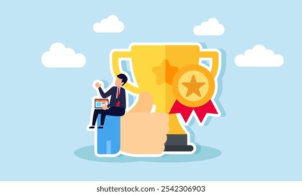 A businessman with a laptop sits on a like thumbs-up sign next to trophies and awards, illustration of receiving appreciation and awards for great business performance