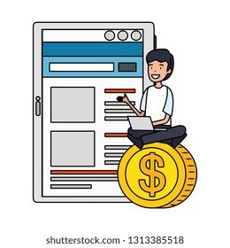 businessman with laptop sitting in coin
