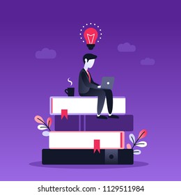 Businessman with laptop sitting on stack of books. Concept business flat character design. Ultraviolet vector illustration about distance learning, education, online books, e-learning.