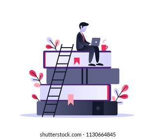 Businessman with laptop sitting on stack of books. Concept business flat character design. Ultraviolet vector illustration about distance learning, education, online books, e-learning.