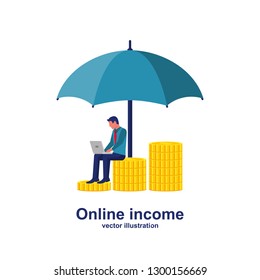 Businessman with laptop sitting on a stack of money. Protection money concept. Safe and secure investment, insurance. Vector illustration flat design style. 