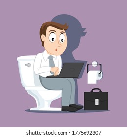 Businessman with laptop sitting on toilet, illustration vector cartoon