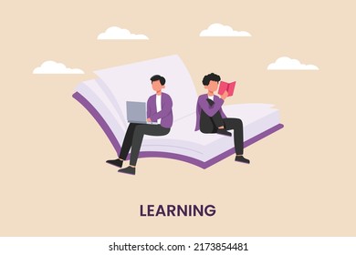 Businessman With Laptop Sitting And Reading Book To Upgrade Knowledge. Job Training Concept. Flat Vector Illustration Isolated.