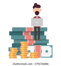Businessman with laptop standing on a huge pile of money