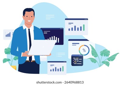 Businessman with a laptop surrounded by various data charts and graphs, representing financial analysis, business intelligence, or digital marketing statistics. Flat design vector illustration