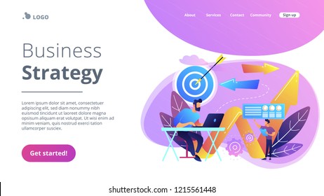 Businessman with laptop, target and arrows. Business direction and strategy, turnaround and change direction campaign concept on white background. Website vibrant violet landing web page template.