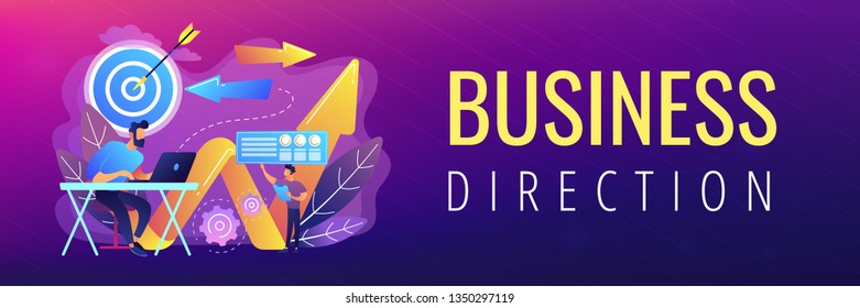 Businessman with laptop, target and arrows. Business direction and strategy, turnaround and change direction campaign concept on white background. Header or footer banner template with copy space.