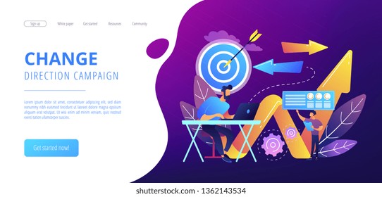 Businessman with laptop, target and arrows. Business direction and strategy, turnaround and change direction campaign concept on white background. Website vibrant violet landing web page template.