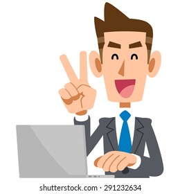 Businessman and laptop for Victory sign