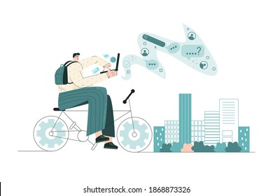 Businessman with laptop is working on bicycle in a city street. Employee morning routine. Urban man is commuting bike to work. Modern flat vector cartoon illustration isolated on white background