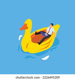 Businessman with laptop working on pool isometric 3d vector illustration concept for banner, website, illustration, landing page, flyer, etc.