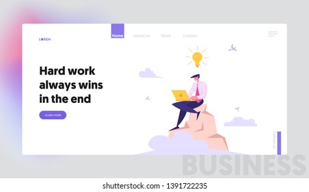 Businessman with Laptop Working on Top of Mountain Banner Website. Developer with Creative Idea Light Bulb Coding on the Peak. Freelancer Project Manager Character Concept Landing Page. Vector flat