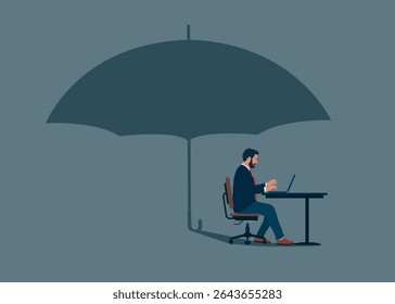 Businessman with laptop works with shadow under an umbrella. Protects against risk. Flat vector illustration.