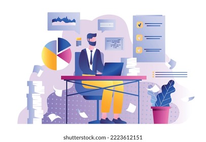 Businessman with laptop. Young guy develops projects and start ups. Financial literacy and economics, successful businessman. Passive income and financial literacy. Cartoon flat vector illustration