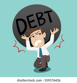 Businessman with a large debt ball, vector illustration cartoon